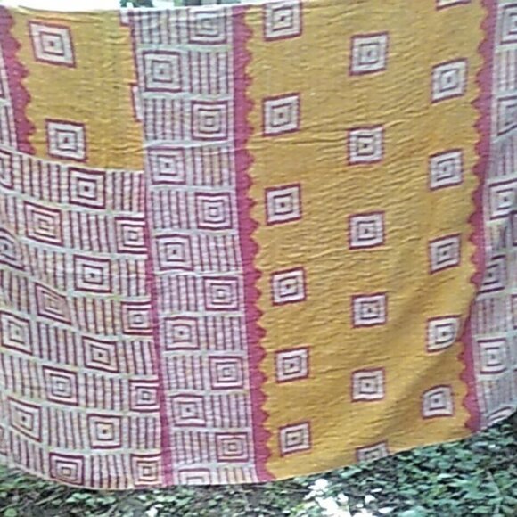 Kantha Quilt Gray/Orange Fall Leaves 56" x 84" Cotton Handmade In India K11. - Picture 5 of 5